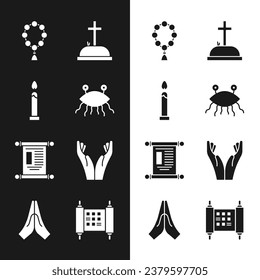 Set Pastafarianism, Burning candle, Rosary beads religion, Tombstone with cross, Decree, paper, parchment, scroll, Hands praying position,  and  icon. Vector