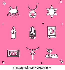 Set Pastafarianism, Star of David necklace on chain, Monk, Jainism or Jain Dharma, Holy book Koran, Traditional carpet and Christian cross icon. Vector