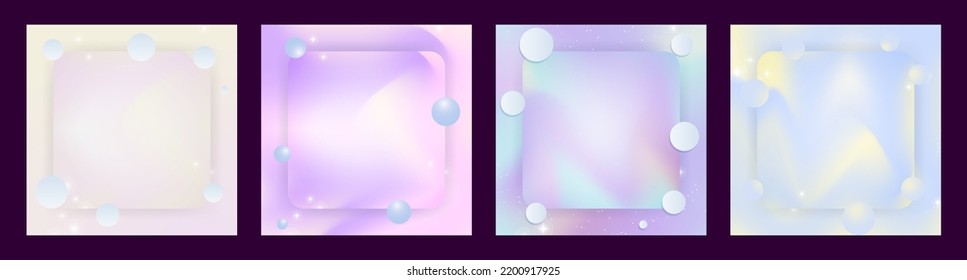 Set of Pastel Abstract Artworks, fluid pastel backgrounds with 3d spheres and shiny square frame in center. Editable Vector Illustration. EPS 10. For designs, backdrops, content posts, feeds.