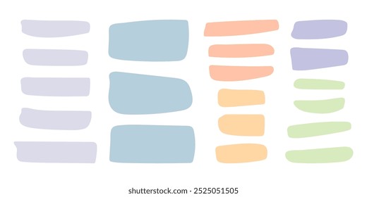 Set of pastel abstract shapes, place for text. Simple vector freeforms isolated on white background. Rectangular abstract decorative elements for design, decor and stylish collages, template for text.