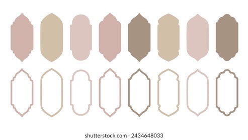 Set of pastel arab mosque windows. Elegant arch shapes. Islamic architecture elements isolated on white background. Icons, vector ilustrations for muslim Ramdan, Eid holiday. Minimal boho frames.