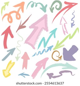 Set with pastel arrows. Vector, isolated. Hand draw with texture. Funny and interesting.