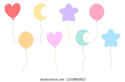 Set of pastel balloons in different shapes, star, moon, heart and round shape
