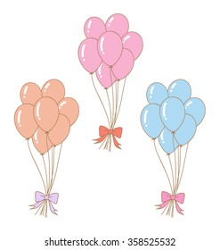 Set of pastel balloons vector with ribbons on white background.