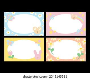 Set of pastel banners, frames, name tags, notepads, memo, prints, ad template, social media posts, posters, background, wallpapers, sticky notes with teddy bear, bunny rabbit, butterfly, daisy flowers