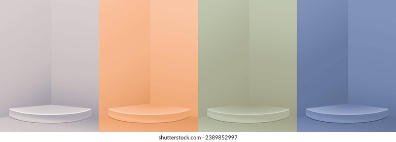 Conjunto de tonos beige pastel, naranja suave, verde tranquilo y azul minimalista con el podio en esquina.  Antecedentes para mostrar productos cosméticos.