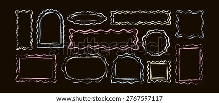 Set of pastel blue, pink, yellow chalk crayon childish frames drawing on the blackboard. Scallop curvy wiggly rectangle, circle, oval, square doodle borders on black background. Zigzag wavy boarder