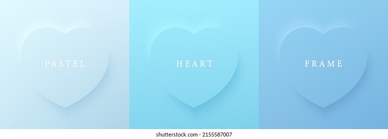 Set of pastel blue and white soft 3D heart shape frame design. Collection of geometric backdrop for cosmetic product display. Happy mother day concept. Elements for valentine day festival. Top view.