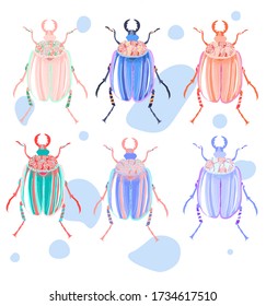 Set of pastel bright beetles. Isolated colorful cartoon cute colorful stile beetle. Insect set