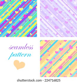set of pastel and bright seamless pattern with colorful diagonal  stripes, stars and hearts for girls