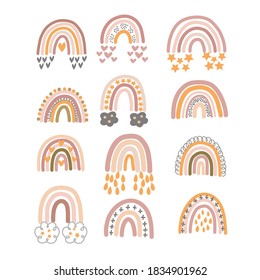 Set of pastel brown rainbows with ornament in vector graphics on a white background. For the design of postcards, posters, wallpapers, prints for childrens clothing, wrapping paper, notebook covers.