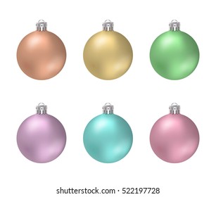 Set of pastel Christmas balls or baubles with smooth surface isolated on white background.