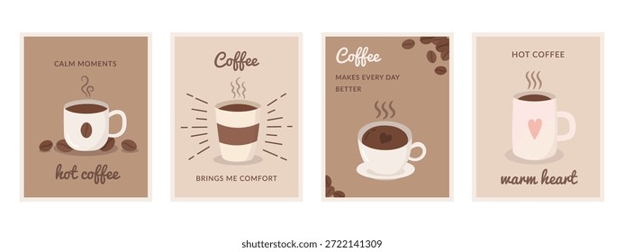 Conjunto de carteles temáticos de café pastel con tazas de café dibujadas a mano y citas inspiradoras