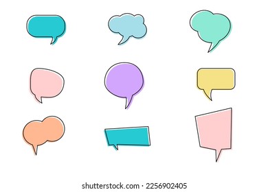 Set of pastel color with black outline speak bubble text, chatting box, message box outline cartoon vector illustration design. Balloon doodle style of thinking sign symbol.