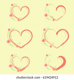 Set with Pastel Color Climbing Roses and Hearts Placed on the Textured Background.Light Spring Colors. Vector EPS 10