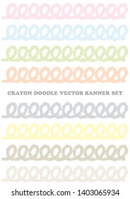 Set of pastel color crayon doodle banners isolated on a white background. Vector illustration.