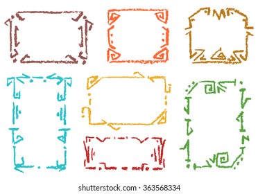 Set of pastel color ethnic frames. Crayon chalk hand drawn patterned background. Group of old-time ornament vector copy space.