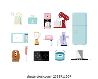 Set of pastel color kitchen appliances flat vector in cartoon style. Kitchen devices colored icons. Symbols for kitchen concept. Kitchen devices, gadgets, equipment, kitchenware