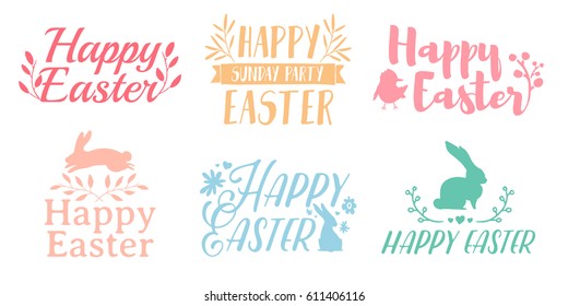 Set pastel color logo for Easter. Badges for the spring holiday of Easter. The design of label with a decor of flower, plant and rabbit. Vector.