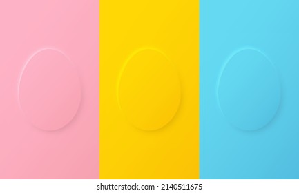 Set of pastel color pink blue yellow egg shape Happy Easter Day greeting card, scene for product display in top view design. Collection of luxury geometric background with copy space.