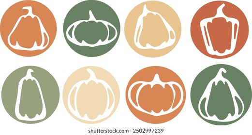 set of pastel color stickers with various contours of pumpkins of different shapes and sizes, vector	