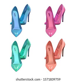 Set of pastel color women's pumps. A pair of fashionable classic high-heeled shoes in pink, blue, mint, beige color. Vector 3d realistic illustration isolated on white background.