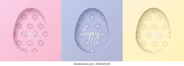 Set of pastel colored 3D egg shape frame design. Collection of geometric backdrop for easter product display, spring festival design, happy easter card, presentation, luxury banner, cover and web.