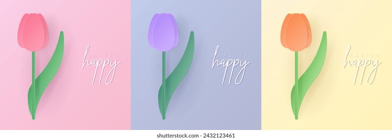 Set of pastel colored 3D flower shape frame design. Collection of geometric backdrop for easter products, spring festival design, happy easter card, presentation, luxury banner, cover and web.