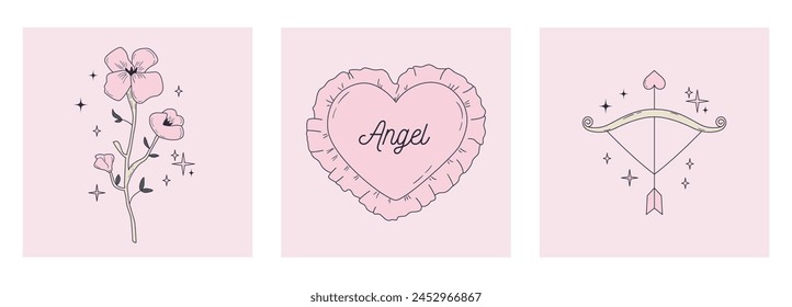 Set of pastel colored coquette style posters with flower, heart pillow, bow and arrow. Cute vintage accessories on pink background. Romantic girly prints. Vector illustrations