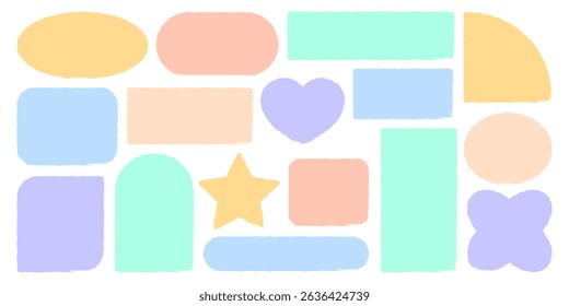 Set of pastel colored crayon text box, stickers, shapes vector illustration