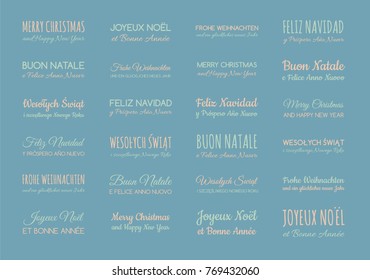 Set of pastel colored greetings in different languages: English, Spanish, German, French, Polish, Italian. 