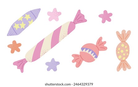 Conjunto de caramelos dibujados a mano de color pastel y dulce para los niños. Ilustración de vacaciones de Vector. Dibujos planos aislados sobre fondo blanco