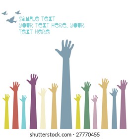 Set of pastel colored hands reaching out for help isolated on white with copy space