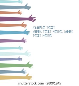 Set of pastel colored hands reaching out for help isolated on white with copy space