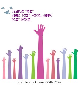 Set of pastel colored hands reaching out for help isolated on white with copy space