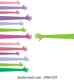 Set of pastel colored hands reaching out for help isolated on white with copy space