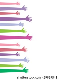 Set of pastel colored hands reaching out for help isolated on white with copy space