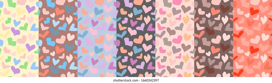 Set of pastel colored seamless patterns with hearts. Vector design for t-shirt, summer dress, bedclothes or underwear