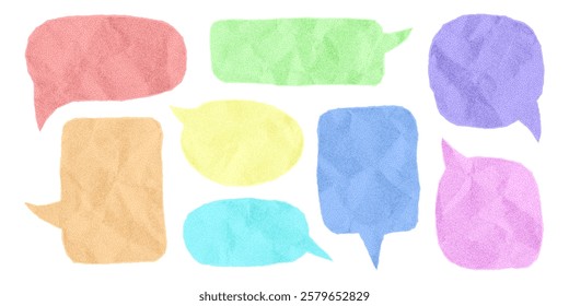 Set of pastel colored speech bubbles made of crumpled paper, isolated template for banner. Dialogue balloons with dotted gritty texture, halftone effect, notebook sheet with jagged torn edges.