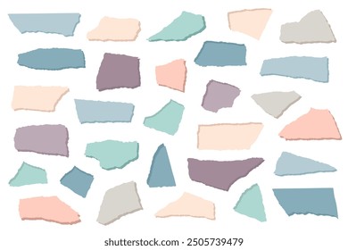 Set of pastel colored torn or cut paper pieces. Jagged edges. Trendy design collection for contemporary art collage, banner, sticker, poster. Vector flat grunge isolated elements. Digital scrapbooking