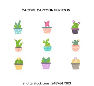 set of pastel colorful cactus cartoon in a cute pot on background	