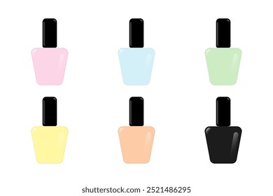 Conjunto de botellas de esmalte de uñas de colores pastel aislado fondo blanco. Ilustración vectorial