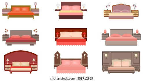 Set of pastel colors nine bed collection with bedside tables, lamps and headboards. Flat style vector illustration.