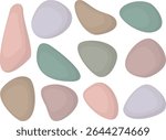 Set of pastel colors pebbles isolated on white background. Illustration with stones of various shapes and colors