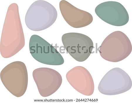 Set of pastel colors pebbles isolated on white background. Illustration with stones of various shapes and colors