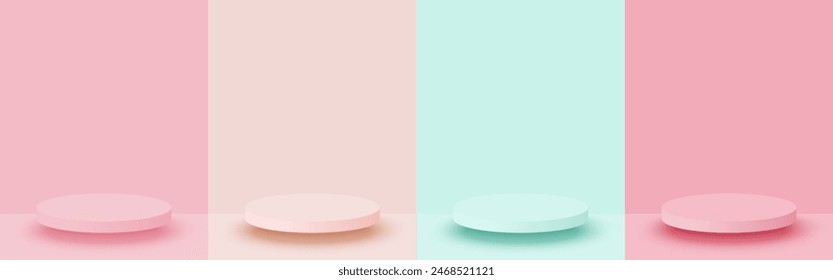 Set of pastel colors scene background with 3d stage podium minimal style. Pedestal with for product display, advertising, show base on Pink, Peach, Green pastel color backdrop. Vector illustration.