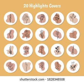 Set of pastel colors vector highlight covers. Abstract backgrounds, shapes, lines, spots, dots, doodle objects with linear flowers. Round icons for social media stories.