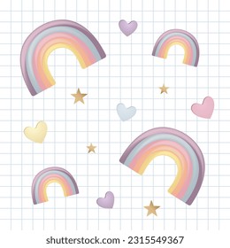 conjunto de arcos de colores pastel, arcos y estrellas doradas sobre fondo de papel portátil