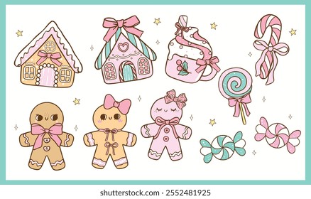 Set of Pastel Coquette Christmas Gingerbread house, Gingerbread man and candy, Pink and Mint Green Doodle Hand Drawn