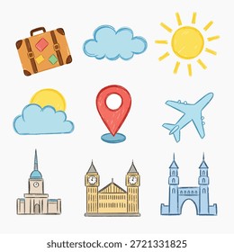 Un conjunto de ilustraciones de lápiz pastel con iconos de viaje que incluyen una maleta, nubes, sol, pin de ubicación, avión y edificios famosos sobre un fondo blanco con un colorido y divertido